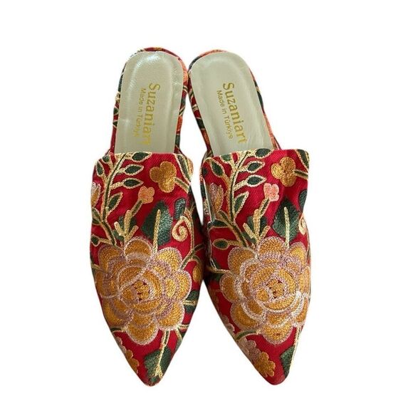 Handmade Embroidered Silk Velvet Rose Mules Slippers Shoes 39 Made in Turkey NEW - Picture 1 of 6